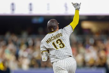 Jul 29, 2025; San Diego, California, USA; San Diego Padres designated hitter Manny Machado (13) celebrates after hitting a three-run home run during the seventh inning against the New York Mets at Petco Park. Mandatory Credit: David Frerker-Imagn Images