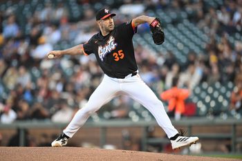 Jul 29, 2025; San Francisco, California, USA; San Francisco Giants starting pitcher Justin Verlander (35) throws against the Pittsburgh Pirates during the first inning at Oracle Park. Mandatory Credit: Eakin Howard-Imagn Images
