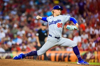Jul 30, 2025; Cincinnati, Ohio, USA; Los Angeles Dodgers relief pitcher Emmet Sheehan (80) pitches against the Cincinnati Reds in the sixth inning at Great American Ball Park. Mandatory Credit: Katie Stratman-Imagn Images