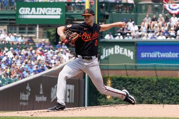 Aug 1, 2025; Chicago, Illinois, USA; Baltimore Orioles pitcher Trevor Rogers (28) throws the ball against the Chicago Cubs during the first inning at Wrigley Field. Mandatory Credit: David Banks-Imagn Images