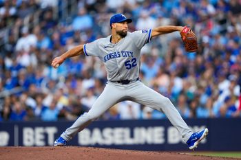 Aug 1, 2025; Toronto, Ontario, CAN; Kansas City Royals pitcher Michael Wacha (52) pitches to the Toronto Blue Jays during the first inning at Rogers Centre. Mandatory Credit: Kevin Sousa-Imagn Images