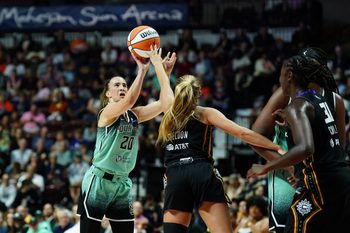 Aug 1, 2025; Uncasville, Connecticut, USA; New York Liberty guard Sabrina Ionescu (20) shoots the ball against the New York Liberty in the second half at Mohegan Sun Arena. Mandatory Credit: David Butler II-Imagn Images