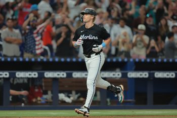 Aug 1, 2025; Miami, Florida, USA; Miami Marlins left fielder Kyle Stowers (28) circles the bases after hitting a grand slam against the New York Yankees seventh inning at loanDepot Park. Mandatory Credit: Sam Navarro-Imagn Images