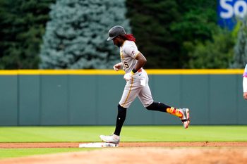 Aug 1, 2025; Denver, Colorado, USA; Pittsburgh Pirates center fielder Oneil Cruz (15) runs off a grand slam in the first inning against the Colorado Rockies at Coors Field. Mandatory Credit: Ron Chenoy-Imagn Images