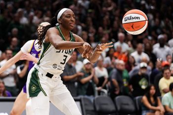 Aug 1, 2025; Seattle, Washington, USA; Seattle Storm forward Nneka Ogwumike (3) passes the ball during the second half against Los Angeles Sparks at Climate Pledge Arena. Mandatory Credit: Kevin Ng-Imagn Images