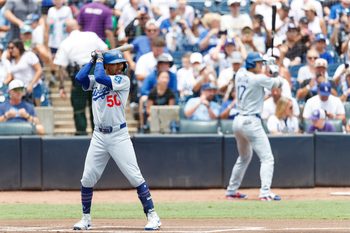 Aug 2, 2025; St. Petersburg, Florida, USA; Los Angeles Dodgers short stop Mookie Betts (50) stands at the plate with designated hitter Shohei Ohtani (17) behind against the Tampa Bay Rays during the first inning at George M. Steinbrenner Field. Mandatory Credit: Morgan Tencza-Imagn Images
