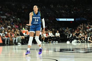 Aug 2, 2025; Las Vegas, Nevada, USA; Minnesota Lynx forward Napheesa Collier (24) gestures after scoring against the Las Vegas Aces during the first quarter of their game at Michelob Ultra Arena. Mandatory Credit: Candice Ward-Imagn Images