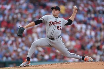 Aug 2, 2025; Philadelphia, Pennsylvania, USA; Detroit Tigers pitcher Tarik Skubal (29) throws a pitch against the Philadelphia Phillies during the second inning at Citizens Bank Park. Mandatory Credit: Bill Streicher-Imagn Images