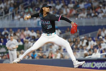 Aug 2, 2025; Miami, Florida, USA;  Miami Marlins starting pitcher Eury Perez (39) pitches against the New York Yankees during the first inning at loanDepot Park. Mandatory Credit: Rhona Wise-Imagn Images