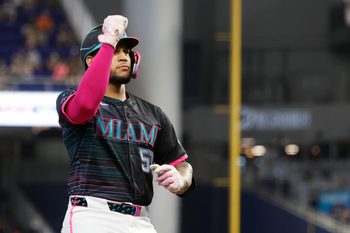 Aug 2, 2025; Miami, Florida, USA;  Miami Marlins catcher Agustin Ramirez (50) reacts to his home run against the New York Yankees during the first inning at loanDepot Park. Mandatory Credit: Rhona Wise-Imagn Images
