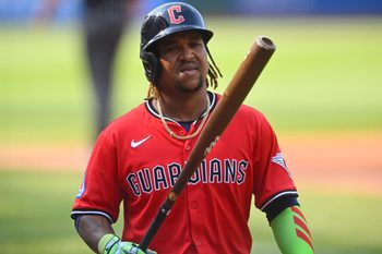 Aug 2, 2025; Cleveland, Ohio, USA; Cleveland Guardians third baseman Jose Ramirez (11) stands on deck in the third inning against the Minnesota Twins at Progressive Field. Mandatory Credit: David Richard-Imagn Images