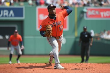 Aug 3, 2025; Boston, Massachusetts, USA;  Houston Astros starting pitcher Framber Valdez (59) pitches during the first inning against the Boston Red Sox at Fenway Park. Mandatory Credit: Bob DeChiara-Imagn Images