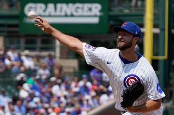 Aug 3, 2025; Chicago, Illinois, USA; Chicago Cubs pitcher Colin Rea (53) throws the ball against the Baltimore Orioles during the first inning at Wrigley Field. Mandatory Credit: David Banks-Imagn Images