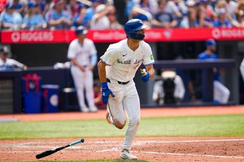 Aug 3, 2025; Toronto, Ontario, CAN; Toronto Blue Jays outfielder Joey Loperfido (10) hits a double against the Kansas City Royals during the fifth inning at Rogers Centre. Mandatory Credit: Kevin Sousa-Imagn Images
