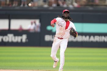Cincinnati Reds infielder Elly De La Cruz throws to first against the Atlanta Braves during the MLB Speedway Classic baseball game at Bristol Motor Speedway on August 3, 2025, in Bristol, Tennessee.