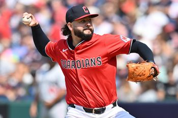 Aug 3, 2025; Cleveland, Ohio, USA; Cleveland Guardians relief pitcher Jakob Junis (16) throws a pitch during the eighth inning against the Minnesota Twins at Progressive Field. Mandatory Credit: Ken Blaze-Imagn Images