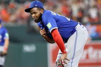 Jul 28, 2025; Baltimore, Maryland, USA; Toronto Blue Jays first baseman Vladimir Guerrero Jr. (27) looks on during the fifth inning against the Baltimore Orioles at Oriole Park at Camden Yards. Mandatory Credit: Daniel Kucin Jr.-Imagn Images