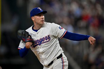 Aug 4, 2025; Arlington, Texas, USA; Texas Rangers starting pitcher Patrick Corbin (46) in action during the game between the Texas Rangers and the New York Yankees at Globe Life Field. Mandatory Credit: Jerome Miron-Imagn Images