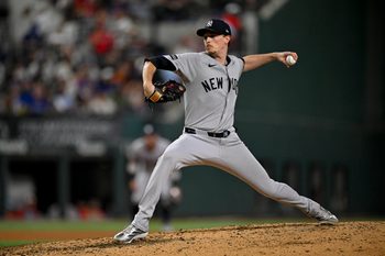 Aug 4, 2025; Arlington, Texas, USA; New York Yankees starting pitcher Max Fried (54) in action during the game between the Texas Rangers and the New York Yankees at Globe Life Field. Mandatory Credit: Jerome Miron-Imagn Images