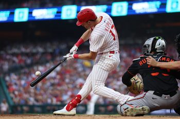 Aug 5, 2025; Philadelphia, Pennsylvania, USA; Philadelphia Phillies outfielder Max Kepler (17) hits a two RBI homer run against the Baltimore Orioles during the second inning at Citizens Bank Park. Mandatory Credit: Bill Streicher-Imagn Images