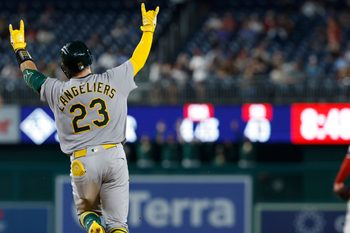 Aug 5, 2025; Washington, District of Columbia, USA; Athletics catcher Shea Langeliers (23) rounds the bases after hitting a home run against the Washington Nationals during the seventh inning at Nationals Park. Mandatory Credit: Geoff Burke-Imagn Images