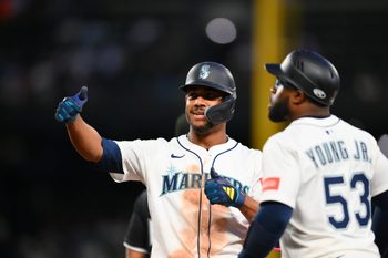 Aug 5, 2025; Seattle, Washington, USA; Seattle Mariners center fielder Julio Rodriguez (44) celebrates after hitting a single against the Chicago White Sox during the seventh inning at T-Mobile Park. Mandatory Credit: Steven Bisig-Imagn Images