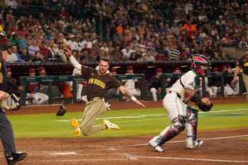 Aug 5, 2025; Phoenix, Arizona, USA; San Diego Padres outfielder Jackson Merrill (3) scores a run in the seventh inning against the Arizona Diamondbacks at Chase Field. Mandatory Credit: Allan Henry-Imagn Images