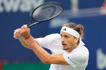 Aug 6, 2025; Toronto, ON, Canada; Alexander Zverev (GER) returns a ball to Karen Khachanov (not pictured) during semifinals at Sobeys Stadium. Mandatory Credit: John E. Sokolowski-Imagn Images