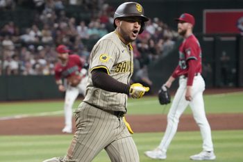 Aug 6, 2025; Phoenix, Arizona, USA; San Diego Padres second base Jose Iglesias (7) celebrates an RBI single against the Arizona Diamondbacks during the ninth inning at Chase Field. Mandatory Credit: Joe Camporeale-Imagn Images