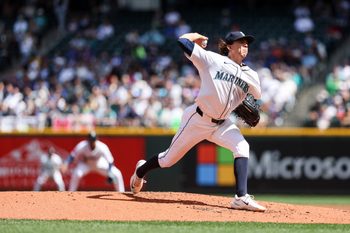 Aug 7, 2025; Seattle, Washington, USA; Seattle Mariners starting pitcher Logan Gilbert (36) pitches the ball during the second inning against the Seattle Mariners at T-Mobile Park. Mandatory Credit: Kevin Ng-Imagn Images
