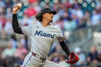 Aug 7, 2025; Cumberland, Georgia, USA; Miami Marlins starting pitcher Eury Perez (39)  pitches against the Atlanta Braves during the first inning at Truist Park. Mandatory Credit: Dale Zanine-Imagn Images