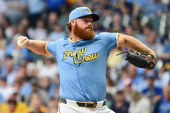 Aug 8, 2025; Milwaukee, Wisconsin, USA;  Milwaukee Brewers starting pitcher Brandon Woodruff (53) throws a pitch in the first inning against the New York Mets at American Family Field. Mandatory Credit: Benny Sieu-Imagn Images