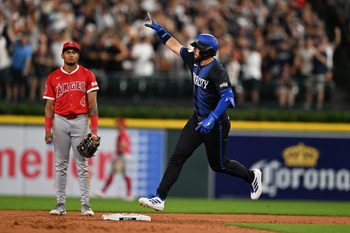 Aug 8, 2025; Detroit, Michigan, USA; Detroit Tigers outfielder Matt Vierling (8) celebrates as he rounds the bases after hitting a three-run home run against the Los Angeles Angels in the eighth inning at Comerica Park. Mandatory Credit: Lon Horwedel-Imagn Images