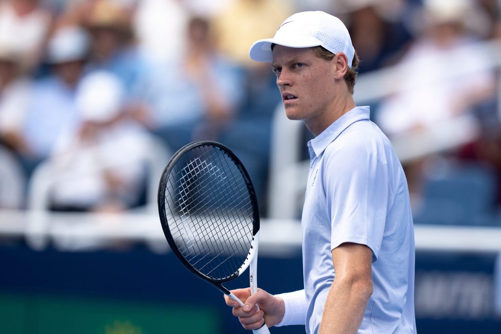 Jannik Sinner, of Italy, reacts after winning a game against Daniel Galan, of Colombia, during the Cincinnati Open at the Lindner Family Tennis Center in Mason, Ohio, on Aug. 9, 2025.