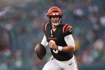 Aug 7, 2025; Philadelphia, Pennsylvania, USA; Cincinnati Bengals quarterback Joe Burrow (9) in action against the Philadelphia Eagles at Lincoln Financial Field. Mandatory Credit: Bill Streicher-Imagn Images