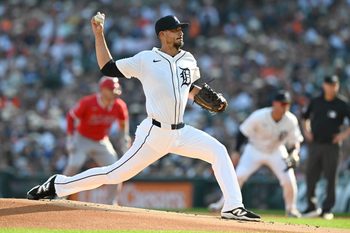 Aug 9, 2025; Detroit, Michigan, USA;  Detroit Tigers starting pitcher Charlie Morton (50) throws a pitch against the Los Angeles Angels in the first inning at Comerica Park. Mandatory Credit: Lon Horwedel-Imagn Images