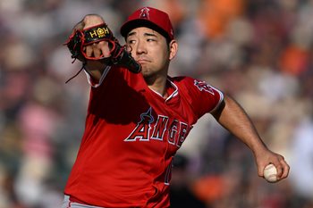 Aug 9, 2025; Detroit, Michigan, USA;  Los Angeles Angels starting pitcher Yusei Kikuchi (16) throws a pitch against the Detroit Tigers in the first inning at Comerica Park. Mandatory Credit: Lon Horwedel-Imagn Images
