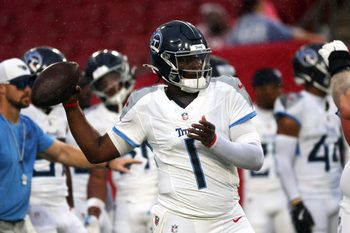 Aug 9, 2025; Tampa, Florida, USA; Tennessee Titians quarterback Cam Ward (1) works out prior to the game against the Tampa Bay Buccaneers at Raymond James Stadium. Mandatory Credit: Kim Klement Neitzel-Imagn Images