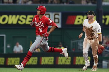 Aug 9, 2025; Pittsburgh, Pennsylvania, USA;  Cincinnati Reds right fielder Noelvi Marte (16) runs to second base with a double against the Pittsburgh Pirates seventh inning at PNC Park. Mandatory Credit: Charles LeClaire-Imagn Images