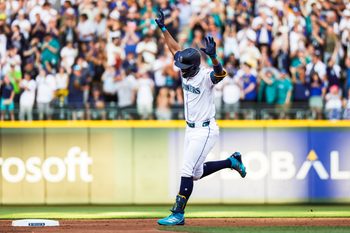 Aug 9, 2025; Seattle, Washington, USA; Seattle Mariners center fielder Julio Rodríguez (44) runs the bases after hitting a two-run home run against the Tampa Bay Rays during the first inning at T-Mobile Park. Mandatory Credit: Joe Nicholson-Imagn Images