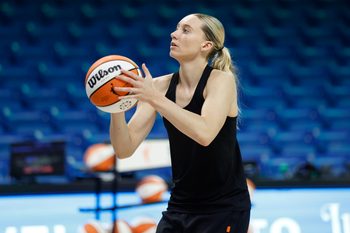 Aug 10, 2025; Arlington, Texas, USA;  Dallas Wings guard Paige Bueckers (5) during warmups before a game against the Washington Mystics at College Park Center. Mandatory Credit: Chris Jones-Imagn Images