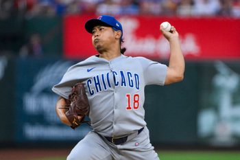 Aug 10, 2025; St. Louis, Missouri, USA;  Chicago Cubs starting pitcher Shota Imanaga (18) pitches against the St. Louis Cardinals during the first inning at Busch Stadium. Mandatory Credit: Jeff Curry-Imagn Images
