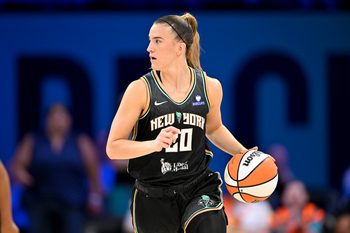 Aug 8, 2025; Arlington, Texas, USA; New York Liberty guard Sabrina Ionescu (20) in action during the game between the Dallas Wings and the New York Liberty at College Park Center. Mandatory Credit: Jerome Miron-Imagn Images