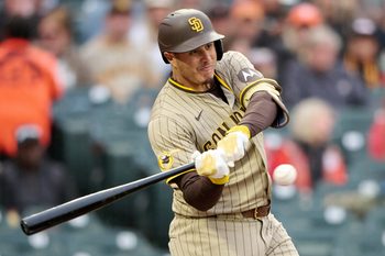 Aug 12, 2025; San Francisco, California, USA; San Diego Padres third baseman Manny Machado (13) bats against the San Francisco Giants during the first inning at Oracle Park. Mandatory Credit: Robert Edwards-Imagn Images