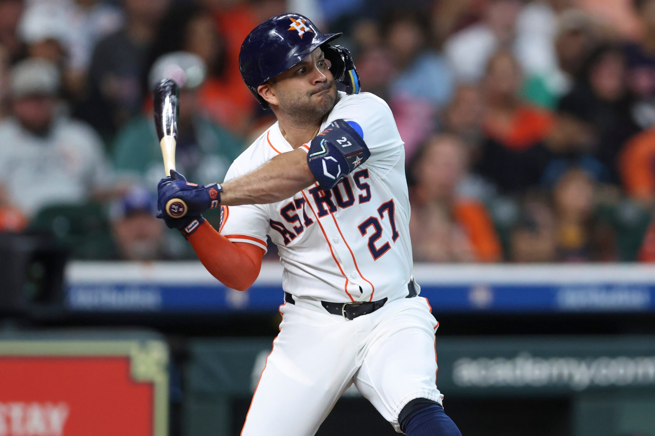 Aug 12, 2025; Houston, Texas, USA; Houston Astros designated hitter Jose Altuve (27) bats during the game against the Boston Red Sox at Daikin Park. Mandatory Credit: Troy Taormina-Imagn Images