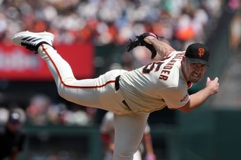 Aug 10, 2025; San Francisco, California, USA; San Francisco Giants starting pitcher Justin Verlander (35) throws a pitch against the Washington Nationals during the fourth inning at Oracle Park. Mandatory Credit: Darren Yamashita-Imagn Images