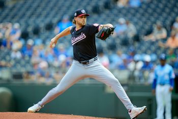 Aug 13, 2025; Kansas City, Missouri, USA; Washington Nationals starting pitcher Jake Irvin (27) pitches during the first inning against the Kansas City Royals at Kauffman Stadium. Mandatory Credit: Jay Biggerstaff-Imagn Images