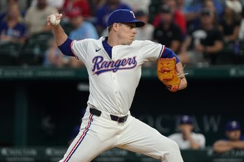 Aug 13, 2025; Arlington, Texas, USA; Texas Rangers relief pitcher Phil Maton (88) throws to the plate during the eighth inning against the Arizona Diamondbacks at Globe Life Field. Mandatory Credit: Raymond Carlin III-Imagn Images