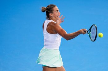 Aug 13, 2025; Cincinnati, OH, USA;  Aryna Sabalenka (BLR) returns a shot against Jessica Bouzas Maneiro (ESP) during the Cincinnati Open at the Lindner Family Tennis Center. Mandatory Credit: Aaron Doster-Imagn Images