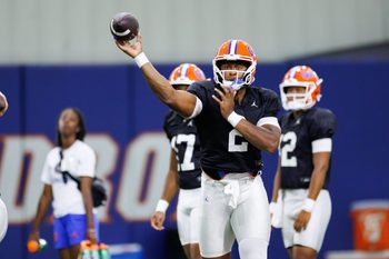 Florida Gators quarterback DJ Lagway (2) throws the ball during fall football practice at Sanders Indoor Practice Facility at the University of Florida in Gainesville, FL on Thursday, August 14, 2025. [Matt Pendleton/Gainesville Sun]
